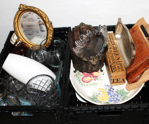 Lot 55 - Group Lot Glassware inc Serving China & Gilt Border Mirror