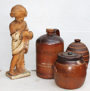Lot 65 - Group Lot Stoneware Jugs varying sizes, & Edwardian Plaster Cherub