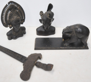 Lot 68 - Group lot - Vintage carved Ebony Wooden items - Seated Elephant on base