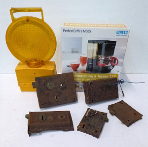 Lot 74 - Box lot inc, Vintage rustic door locks, workmans flashing amber lamp &a