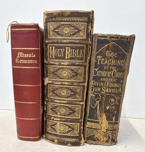 Lot 79 - 3 x vintage leather bound Catholic religious Books - The Holy Bible wi