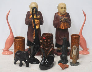 Lot 83 - Lot of Ceramic, Stone & Other Figures incl Pair of Ceramic Pink Swa