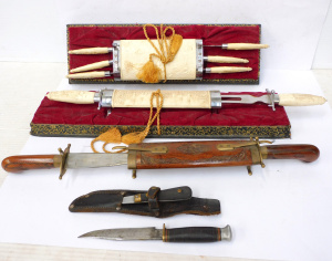 Lot 85 - Group lot knives inc William Rogers Bowie knife with leather pouch Carv