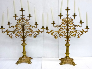 Lot 100 - Large Impressive 19th C Pair of 7 Branch Candelabras - gilt solid bras