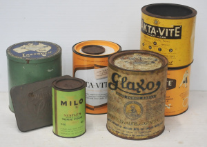 Lot 106 - Group lot vintage Tins inc Nestle Milo, Lactogen, Acta-vite, Glaxo etc