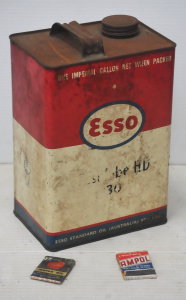 Lot 115 - 3 pces vintage Motoring inc Esso One imperial Gallon Oil Tin & 2 A
