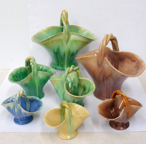Lot 156 - 7 x Vintage Remued Australian Pottery Drip Glaze Baskets all with plai