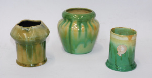 Lot 174 - 3 pces Vintage AF Remued Australian Pottery Green Drip Glaze tallest 1
