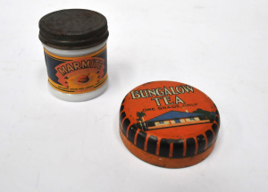 Lot 193 - 2 x Vintage inc Bungalow Tea round tin & Glass Marmite jar with Pa