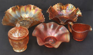 Lot 200 - Group lot of vintage Marigold Carnival Glass inc Bowls, Jug & Lidd