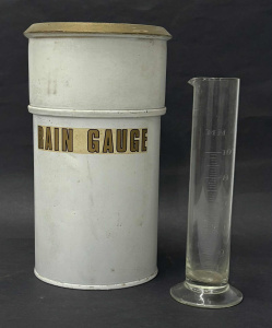 Lot 220 - Vintage tin Rain Gauge with glass measure - 25cms H