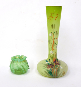 Lot 223 - 2 pces Victorian glass inc Hand painted Vase - slender neck with flora