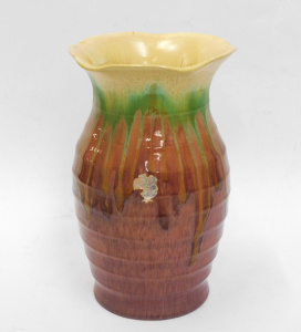 Lot 230 - Vintage Remued Australian Pottery large drip glaze vase - Ribbed body
