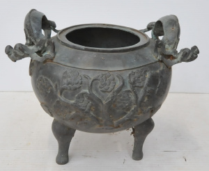 Lot 235 - Heavy vintage Chinese Bronze Pot - on 3 Legs, Raised Dragon Handles &a