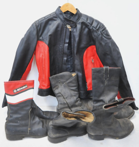 1980s Black & Red Walden Miller Waist Cut Leather Jacket w Padding Size 14 &