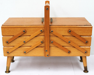 Lot 9 - Mid Century 3 Tier Cantilever Sewing Box with vintage contents Lot 9 - Mid Century 3 Tier Cantilever Sewing Box with vintage contents