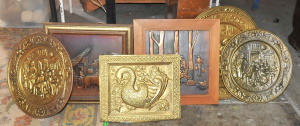 Lot 16 - 5 x Copper & Brass Pictures incl Oxen Pulling Cart, Drinking Scenes
