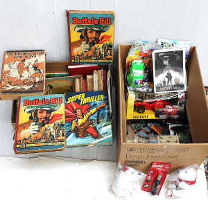 Lot 41 - 2 x Boxes Vintage Children's Books inc Buffalo Bill & Box of toys i Lot 41 - 2 x Boxes Vintage Children's Books inc Buffalo Bill & Box of toys i