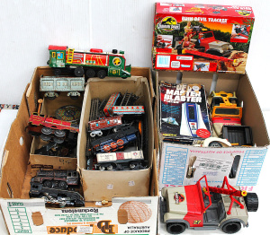 Lot 49 - 2 x Boxes Vintage Toys inc Kenner Jurassic Park Bush Devil Tracker, af