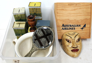 Lot 52 - Box lot inc Face mask, Embossed Metal Mirror, Commonwealth Tin Money b