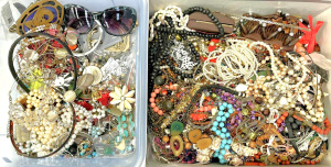 Lot 57 - 2 x Boxes costume jewellery - necklaces, pearls, shells, bracelets, ear