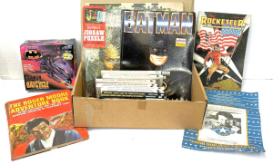 Lot 84 - Grp mainly toys, books - bx Batman Kenner Batcycle, Movie book, Roger