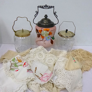 Lot 85 - Group lot of Vintage Items - 3 x C 1900 Biscuit Barrels inc, hand paint Lot 85 - Group lot of Vintage Items - 3 x C 1900 Biscuit Barrels inc, hand paint