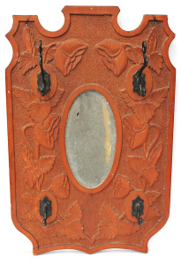 Lot 94 - Vintage c1915 Art Nouveau Chip Carved Hat Rack w Mirror to centre - Sym Lot 94 - Vintage c1915 Art Nouveau Chip Carved Hat Rack w Mirror to centre - Sym