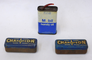 Lot 104 - 3 x Vintage Motoring Tins inc Mobil Handy Oil 4 fl ozs, & 2 Champi