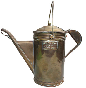 Lot 130 - Vintage Brass Watering Can w Chain Stopper Tayabi Bucket, Bombay No 3