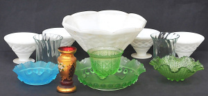 Lot 131 - Group lot of Vintage Coloured Glass inc, Milk Glass footed bowl with g Lot 131 - Group lot of Vintage Coloured Glass inc, Milk Glass footed bowl with g