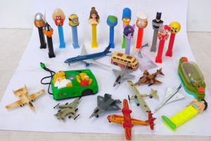 Lot 141 - Box lot vintage Toys inc Simpsons Camera, Pez Dispensers, Diecast Airc