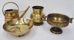 Lot 142 - 4 x Brass Items incl Comport w Glass Insert, Jug w Embossed Decoratio