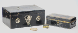 Lot 144 - 3 x Vintage Cash Tins & Strongbox - Lockable heavy metal strongbox Lot 144 - 3 x Vintage Cash Tins & Strongbox - Lockable heavy metal strongbox