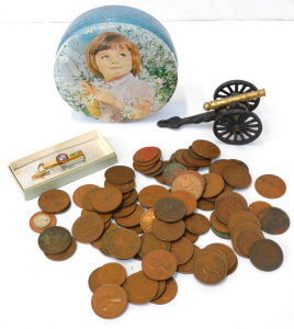Lot 155 - Mixed Group lot inc Copper Pennies & Half Pennie Cast Metal Canon