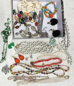 Lot 166 - Box 1960s + costume jewellery - earrings, black fur balls, necklaces,