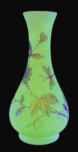 Lot 177 - Victorian Uranium Satin Glass Vase with hand painted gilt floral &