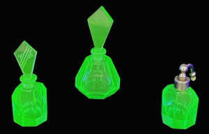 Lot 178 - 3 Vintage teal Uranium glass Perfume bottles inc Art deco with etched Lot 178 - 3 Vintage teal Uranium glass Perfume bottles inc Art deco with etched