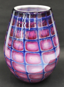 Lot 193 - Vintage Cased Art Glass Vase with Block pinks & blue pattern 24cm