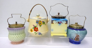 Lot 196 - 4 x Vintage china Biscuit Barrels inc Art Deco - Wilkinson Honey Glaze Lot 196 - 4 x Vintage china Biscuit Barrels inc Art Deco - Wilkinson Honey Glaze