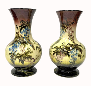 Lot 199 - Pair c1900 hand painted floral Majolica pottery Vases - 30cms H one af Lot 199 - Pair c1900 hand painted floral Majolica pottery Vases - 30cms H one af