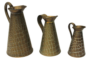 Lot 202 - Graduating Set of 3 Arts & Crafts copper Jugs w Embossed Reptile S Lot 202 - Graduating Set of 3 Arts & Crafts copper Jugs w Embossed Reptile S