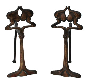 Lot 208 - Vintage Pair of Art Nouveau cast copper Fire Dogs - Dainty period desi