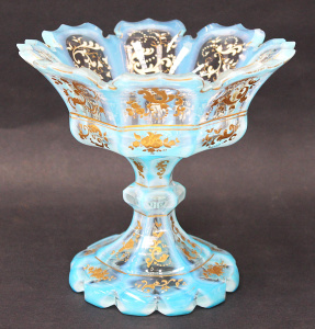 Lot 216 - Victorian Bohemian Opalescent Glass Hand Painted Comport with Powder b Lot 216 - Victorian Bohemian Opalescent Glass Hand Painted Comport with Powder b