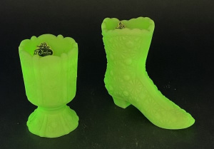 Lot 219 - 2 x Vintage Fenton Uranium Green Satin Glass inc Shoe - daisy & Bu Lot 219 - 2 x Vintage Fenton Uranium Green Satin Glass inc Shoe - daisy & Bu