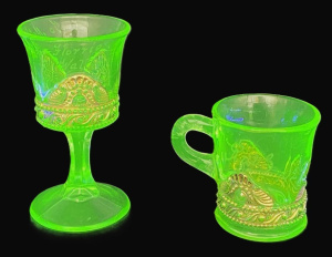 Lot 223 - 2 pces 1920-30s Uranium Glass with Gilt detail - Commemorative childs Lot 223 - 2 pces 1920-30s Uranium Glass with Gilt detail - Commemorative childs