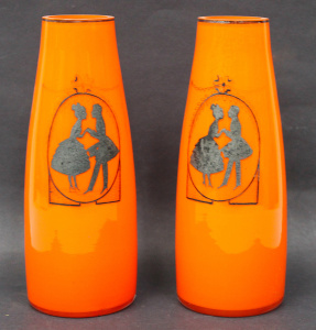 Lot 236 - Pair Art Deco Bohemian Orange glass vases with Black dancing couple si