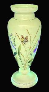 Lot 237 - Victorian Uranium Milk glass Vase with Hand painted all over Wild flo Lot 237 - Victorian Uranium Milk glass Vase with Hand painted all over Wild flo