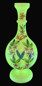 Lot 238 - Victorian Uranium Milk Glass hand painted Vase - Floral & Dragon f