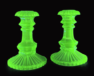 Lot 239 - Pair vintage Uranium Glass Candlesticks - Stepped column - tooth rimme Lot 239 - Pair vintage Uranium Glass Candlesticks - Stepped column - tooth rimme
